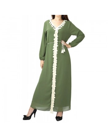Robe longue fluide avec doublure ornée de broderies à pompons avec ceinture pour femme - Couleur kaki 