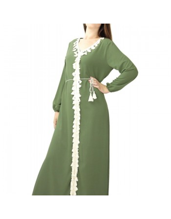 Robe longue fluide avec doublure ornée de broderies à pompons avec ceinture pour femme - Couleur kaki 