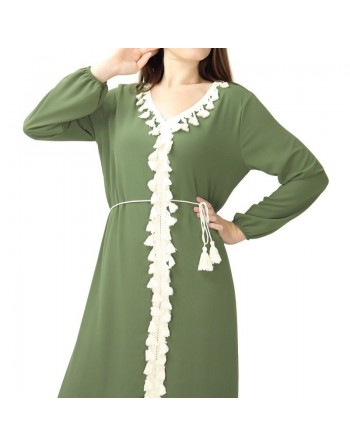 Robe longue fluide avec doublure ornée de broderies à pompons avec ceinture pour femme - Couleur kaki 