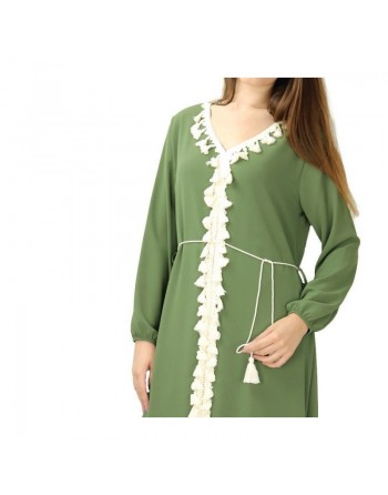 Robe longue fluide avec doublure ornée de broderies à pompons avec ceinture pour femme - Couleur kaki 