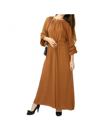Robe longue évasée à manches bouffantes style bohème chic - Couleur Marron 