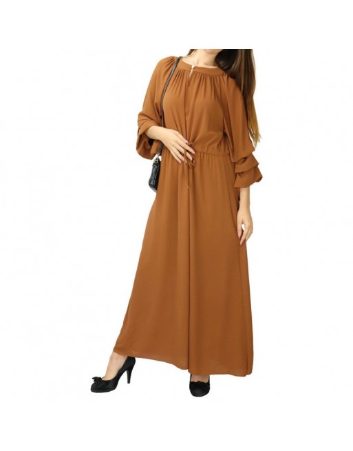 Robe longue évasée à manches bouffantes style bohème chic - Couleur Marron Robe longue évasée à manches bouffantes style bohème chic - Couleur Marron
