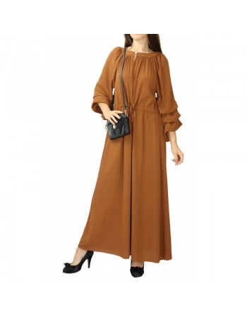 Robe longue évasée à manches bouffantes style bohème chic - Couleur Marron 