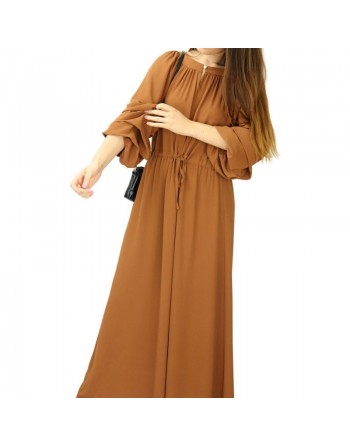 Robe longue évasée à manches bouffantes style bohème chic - Couleur Marron 