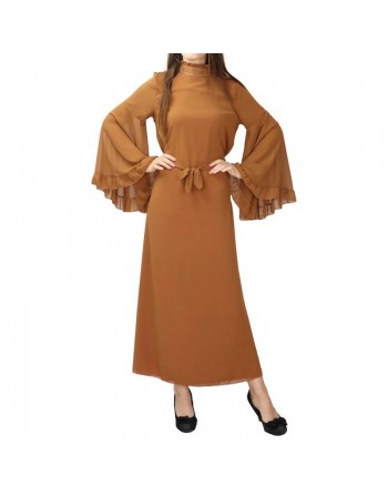 Robe Col officier avec manches évasées et ceinture assortie Couleur caramel 