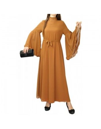 Robe Col officier avec manches évasées et ceinture assortie Couleur caramel 