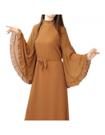 Robe Col officier avec manches évasées et ceinture assortie Couleur caramel 
