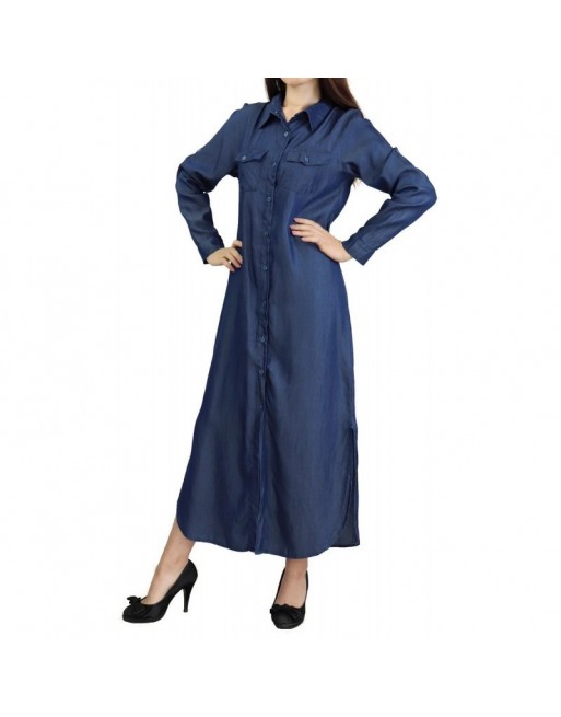 Robe chemise longue pour femme de marque Amelis Paris - Couleur jean brut Robe chemise longue pour femme de marque Amelis Paris - Couleur jean brut