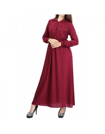 Robe de ville boutonnée manches longues pour femme - Couleur Prune 