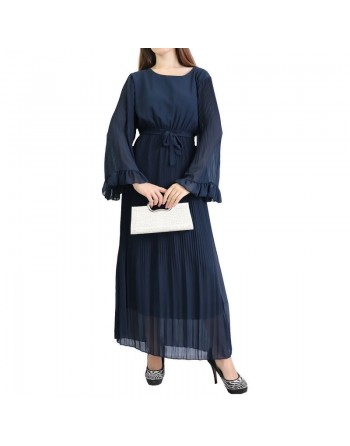 Robe longue plissée avec manches évasées - Taille Standard - Couleur Bleu marine 