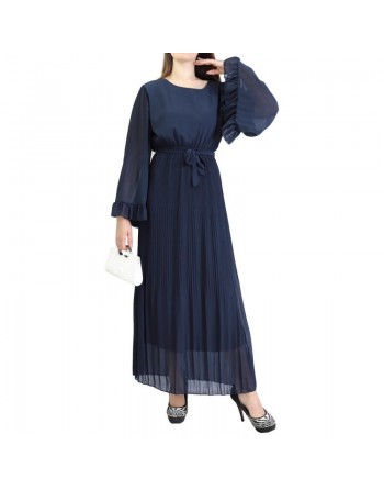 Robe longue plissée avec manches évasées - Taille Standard - Couleur Bleu marine 