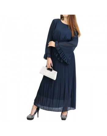 Robe longue plissée avec manches évasées - Taille Standard - Couleur Bleu marine 