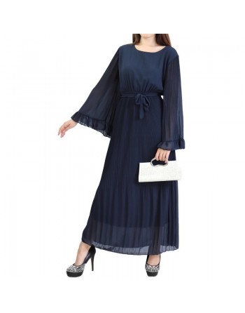 Robe longue plissée avec manches évasées - Taille Standard - Couleur Bleu marine 