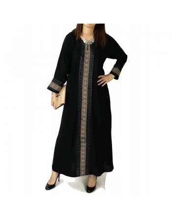 Abaya noire avec broderies manches longues avec foulard (écharpe) assorti 
