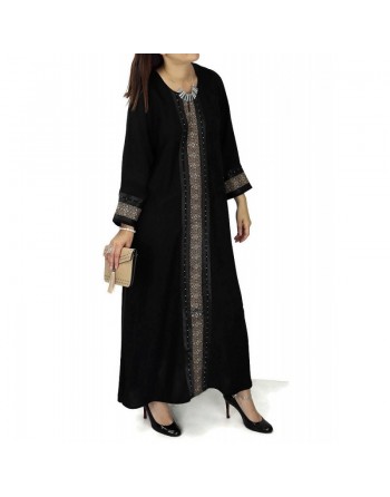 Abaya noire avec broderies manches longues avec foulard (écharpe) assorti 