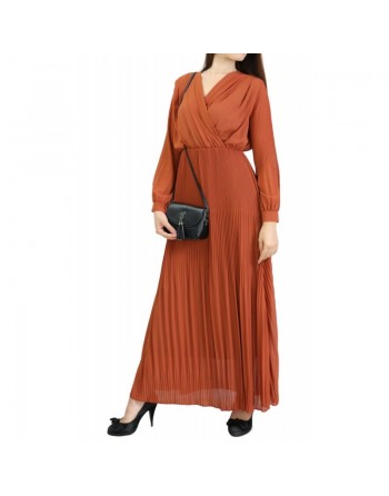 Robe longue cache-coeur plissée avec doublure - Couleur rouille 