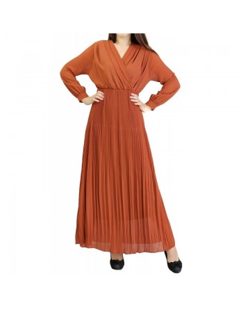 Robe longue cache-coeur plissée avec doublure - Couleur rouille 