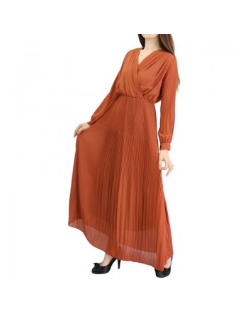 Robe longue cache-coeur plissée avec doublure - Couleur rouille 