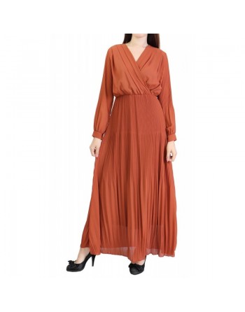 Robe longue cache-coeur plissée avec doublure - Couleur rouille 