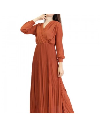 Robe longue cache-coeur plissée avec doublure - Couleur rouille 