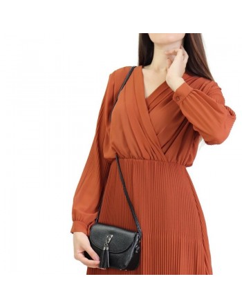 Robe longue cache-coeur plissée avec doublure - Couleur rouille 