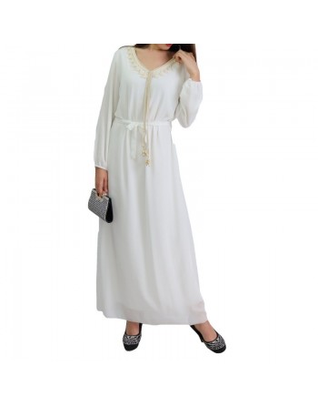 Robe maxi-longue fluide avec cordons à pompons pour femme - Couleur Blanc 