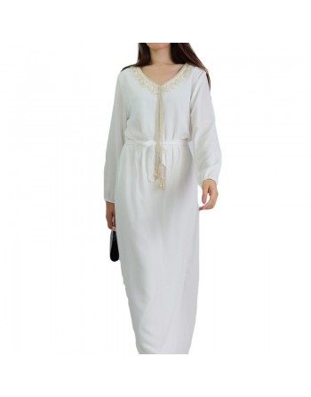 Robe maxi-longue fluide avec cordons à pompons pour femme - Couleur Blanc 