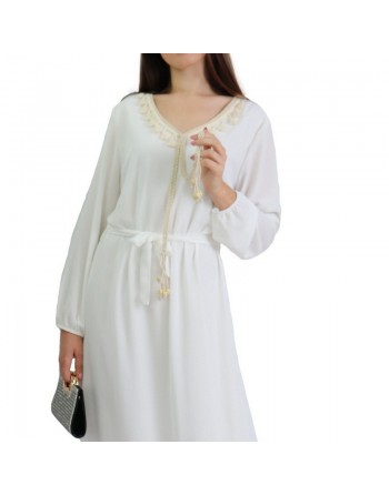 Robe maxi-longue fluide avec cordons à pompons pour femme - Couleur Blanc 