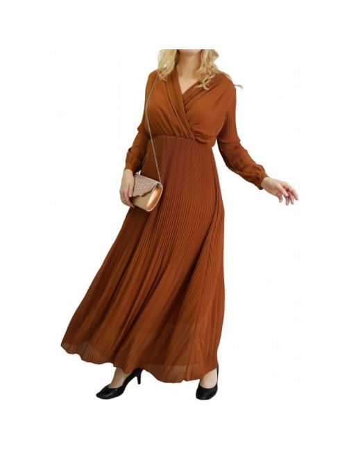 Robe longue plissée avec col en cache-cœur - Couleur marron Robe longue plissée avec col en cache-cœur - Couleur marron