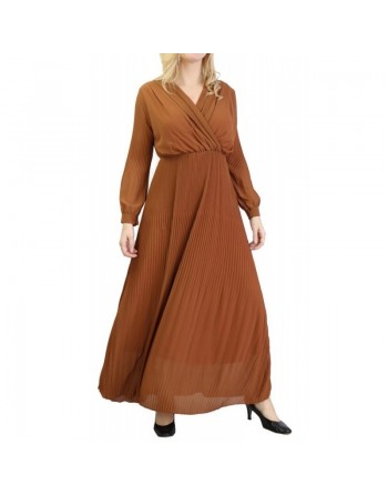 Robe longue plissée avec col en cache-cœur - Couleur marron 