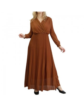 Robe longue plissée avec col en cache-cœur - Couleur marron 