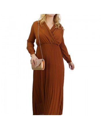 Robe longue plissée avec col en cache-cœur - Couleur marron 