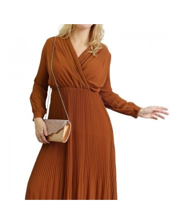 Robe longue plissée avec col en cache-cœur - Couleur marron 