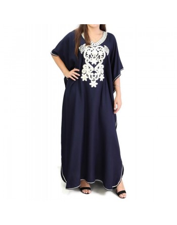 Gandoura / Robe marocaine manches courtes avec décorations - Couleur bleu nuit 