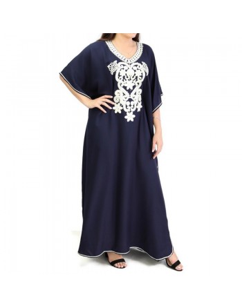 Gandoura / Robe marocaine manches courtes avec décorations - Couleur bleu nuit 