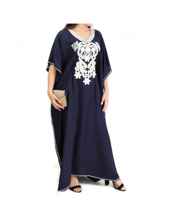 Gandoura / Robe marocaine manches courtes avec décorations - Couleur bleu nuit 