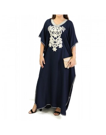 Gandoura / Robe marocaine manches courtes avec décorations - Couleur bleu nuit 