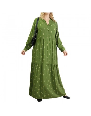 Robe longue ample à motifs plumes - Couleur verte 