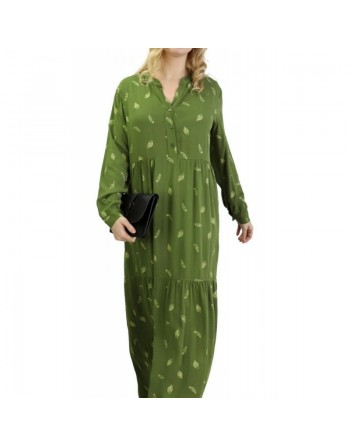 Robe longue ample à motifs plumes - Couleur verte 