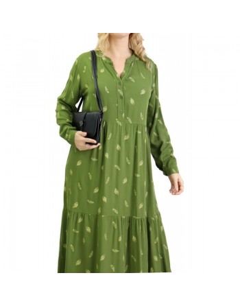 Robe longue ample à motifs plumes - Couleur verte 