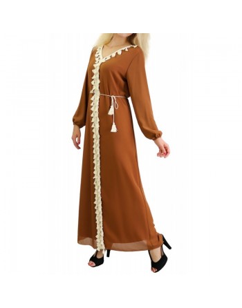 Robe longue fluide ornée de broderies à pompons avec ceinture pour femme (Plusieurs couleurs disponibles) 