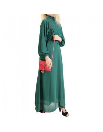 Robe longue fluide avec broderies pour femme - Couleur vert foncé 