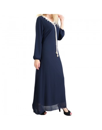 Robe maxi-longue fluide avec cordons à pompons pour femme - Couleur Bleu nuit 