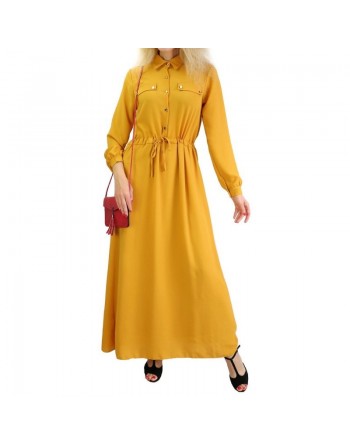 Robe casual boutonnée manches longues pour femme - Couleur Jaune moutarde 