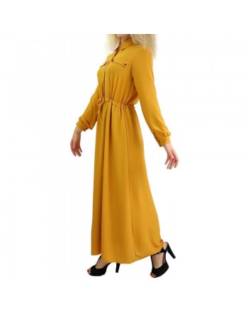 Robe casual boutonnée manches longues pour femme - Couleur Jaune moutarde 