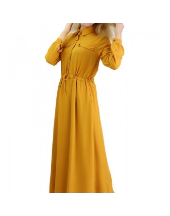 Robe casual boutonnée manches longues pour femme - Couleur Jaune moutarde 