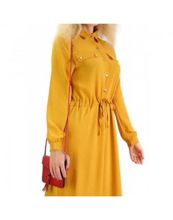 Robe casual boutonnée manches longues pour femme - Couleur Jaune moutarde 