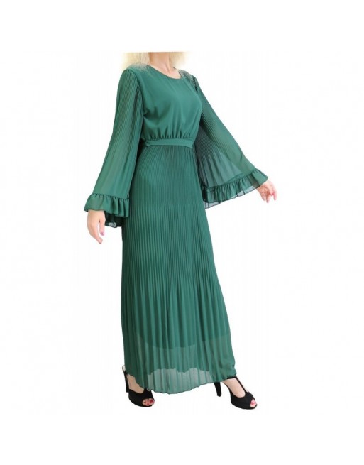 Robe longue fluide plissée avec manches évasées pour femme - Couleur vert foncé Robe longue fluide plissée avec manches évasées pour femme - Couleur vert foncé