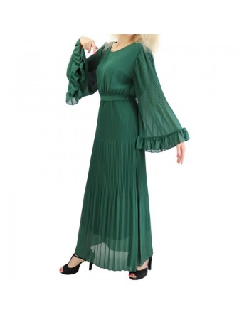 Robe longue fluide plissée avec manches évasées pour femme - Couleur vert foncé 