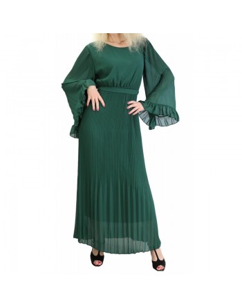 Robe longue fluide plissée avec manches évasées pour femme - Couleur vert foncé 